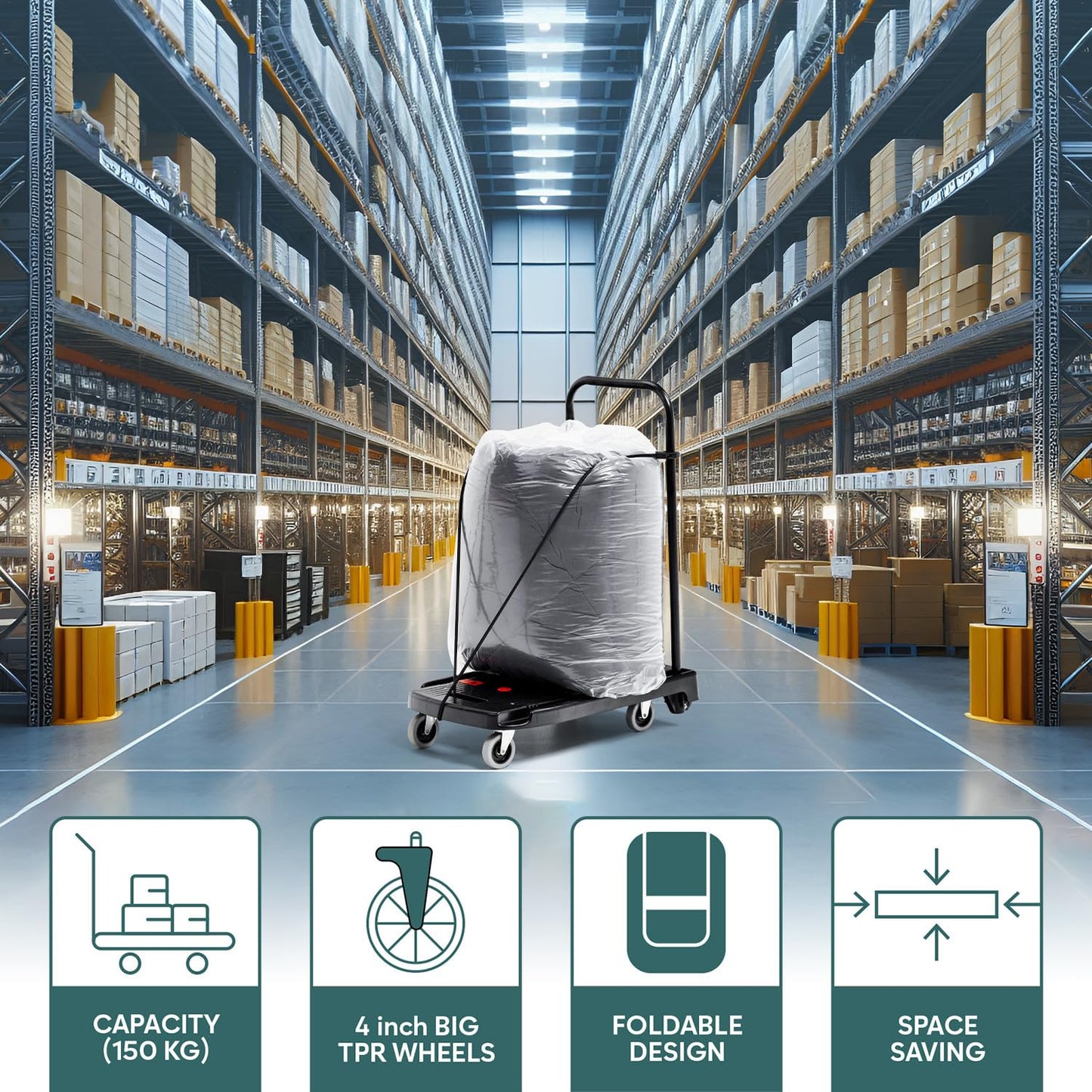 Corvids 150 Kg Portable & Compact Plastic Platform Trolley | 2-Year Warranty |Folding Platform Hand Truck with 360 Rotating Wheels for Home, Office, Warehouse & Outdoor Use