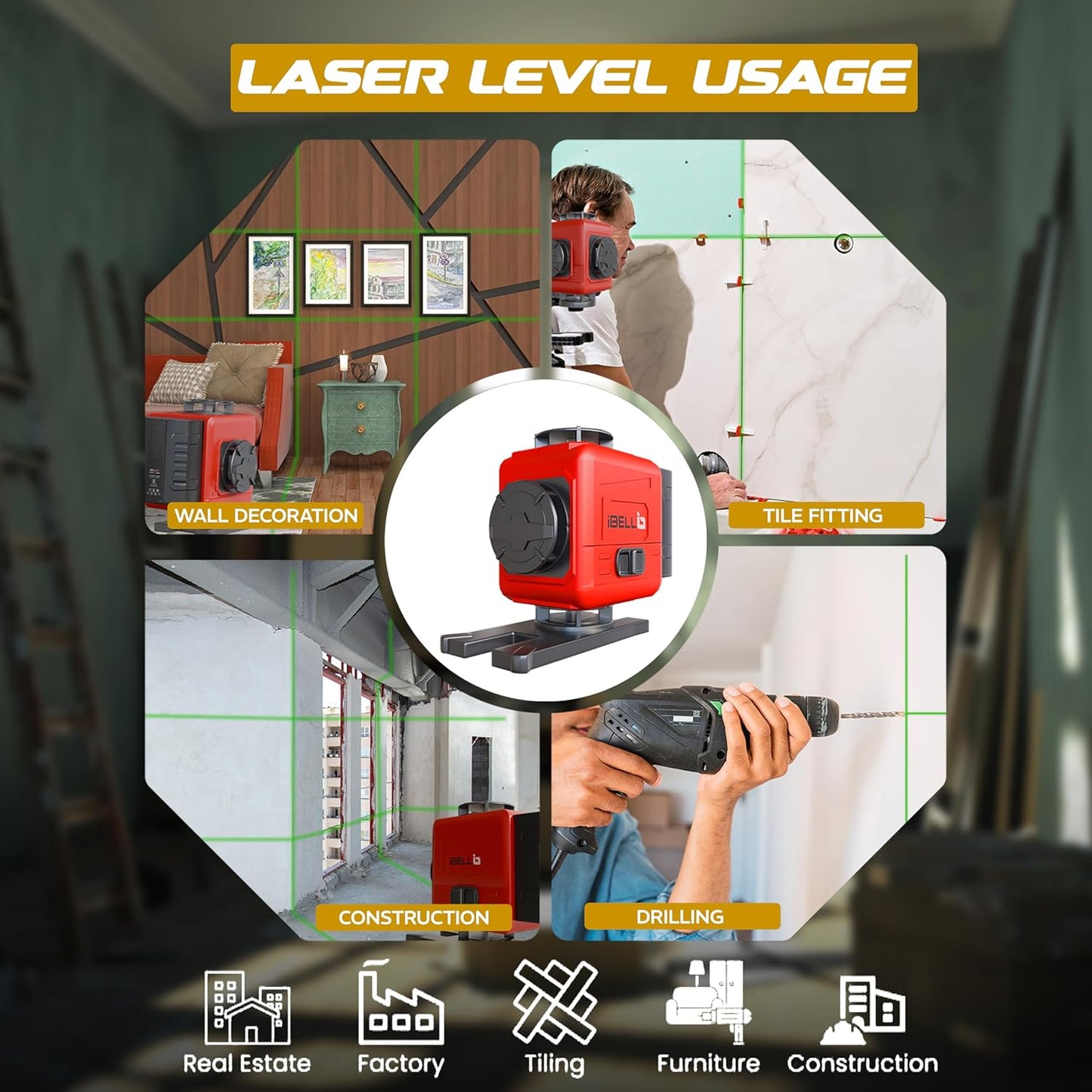 iBELL IBL LL5-16 Professional 16-Line Green Beam Self-Leveling Laser Level, 8 Horizontal & 8 Vertical, ±1mm Class II,Tripod Compatible, with 2 Rechargeable Batteries for Home, DIY & Professional Use