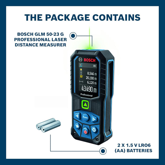 BOSCH GLM 50-23 G Professional Laser Measurer| 2-in-1 Distance & Angle Measurer | Green Laser Class 2, Range up to 50 m, ±1.5 mm | Memory Function, IP65 Rated| Batteries Included| 1 Year Warranty