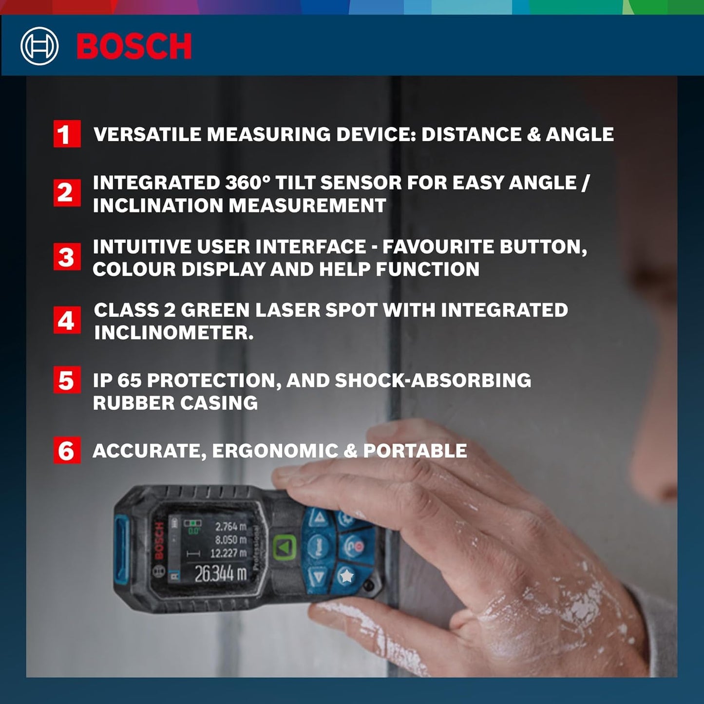 BOSCH GLM 50-23 G Professional Laser Measurer| 2-in-1 Distance & Angle Measurer | Green Laser Class 2, Range up to 50 m, ±1.5 mm | Memory Function, IP65 Rated| Batteries Included| 1 Year Warranty