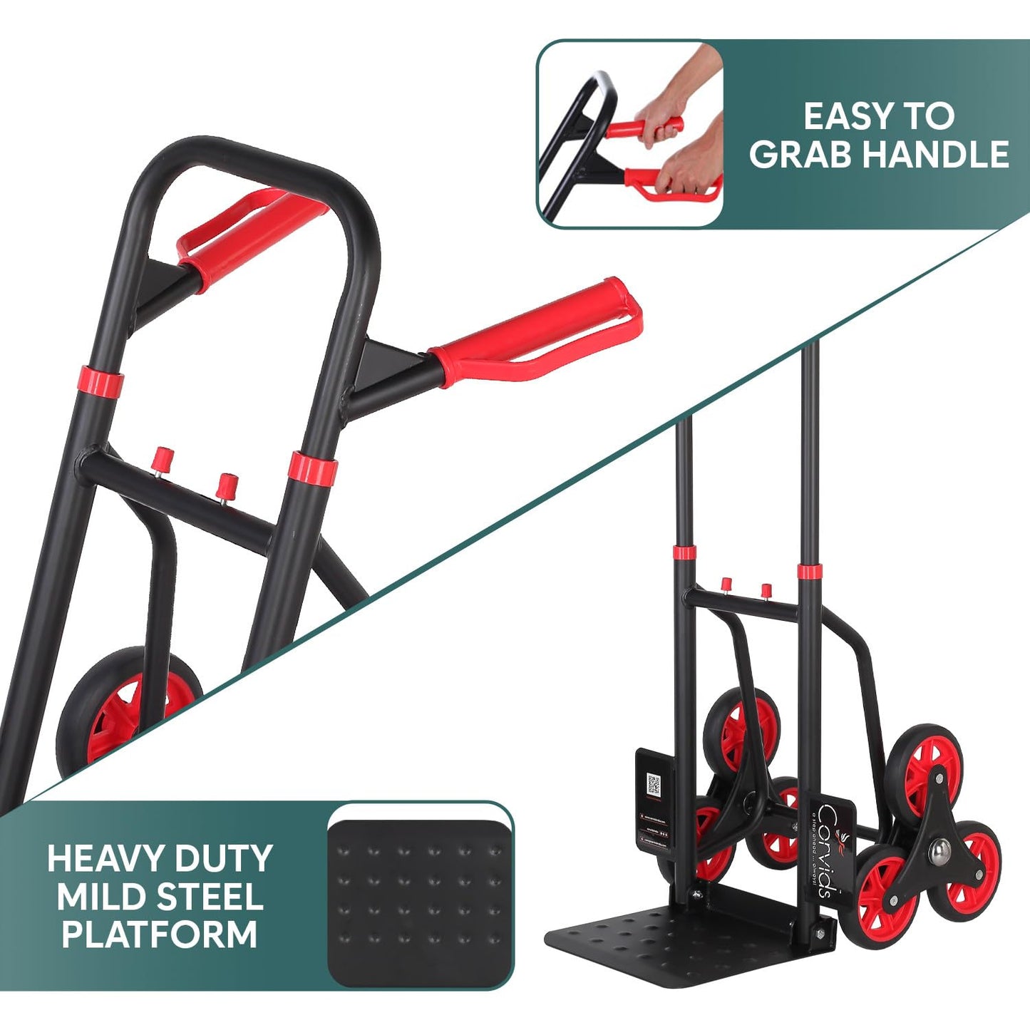 Corvids 150 Kg Stair Climbing Steel Hand Truck, Portable Strong Dolly Cart with Foldable Platform and Extendable Handle Ideal for Home, Office & Industrial Use