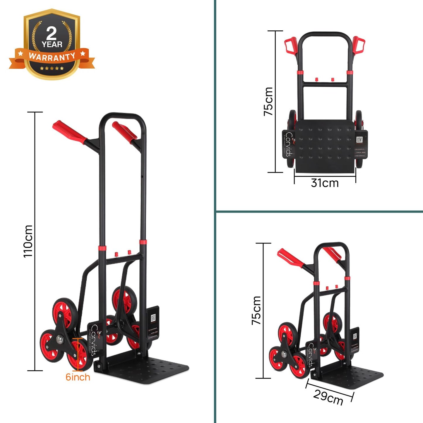 Corvids 150 Kg Stair Climbing Steel Hand Truck, Portable Strong Dolly Cart with Foldable Platform and Extendable Handle Ideal for Home, Office & Industrial Use