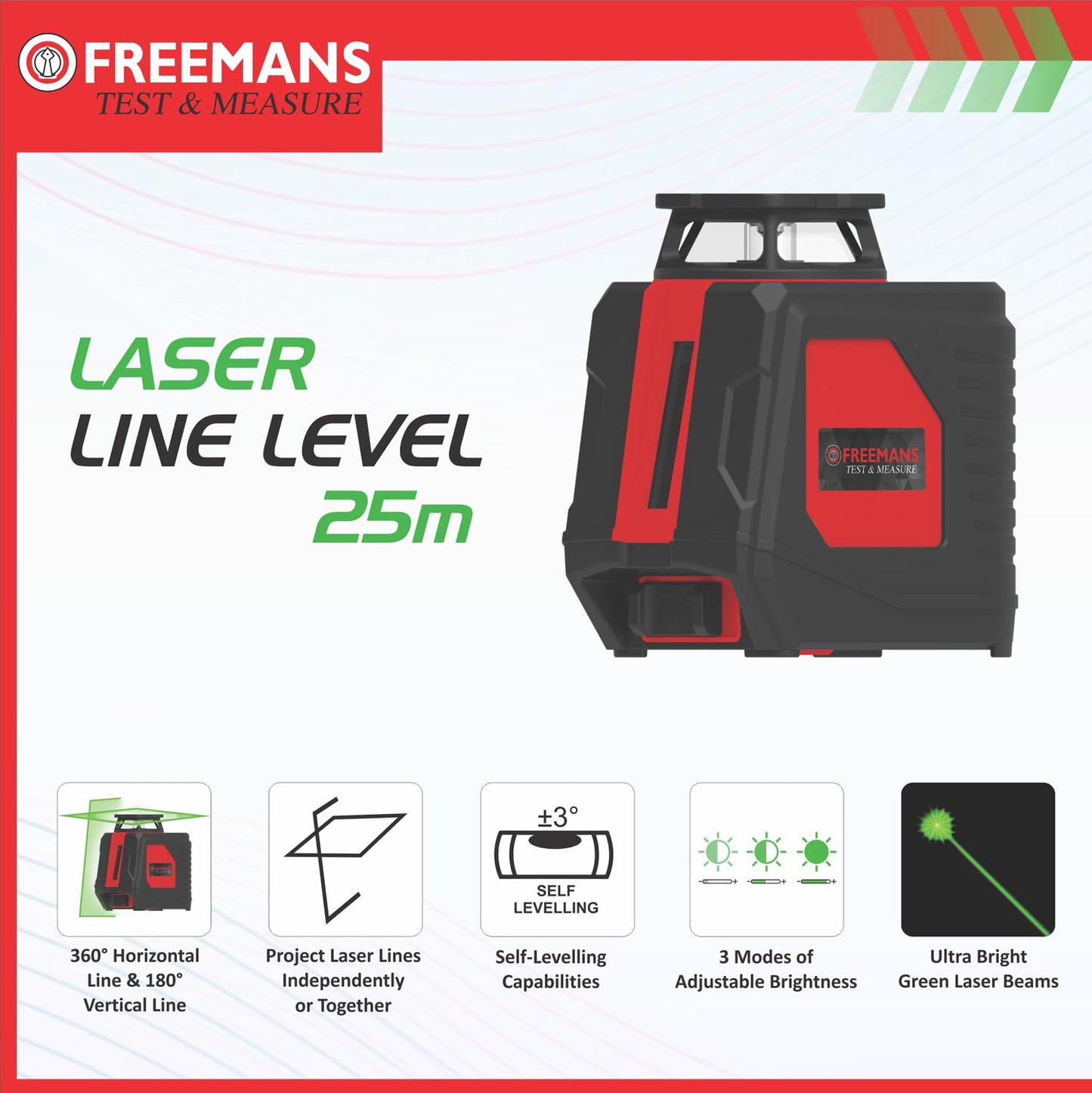 FREEMANS Test & Measure Green Beam Self Levelling 25m Cross Line Laser Level, with 4*AA Batteries for Home, DIY & Professional Use, 1 Year Warranty