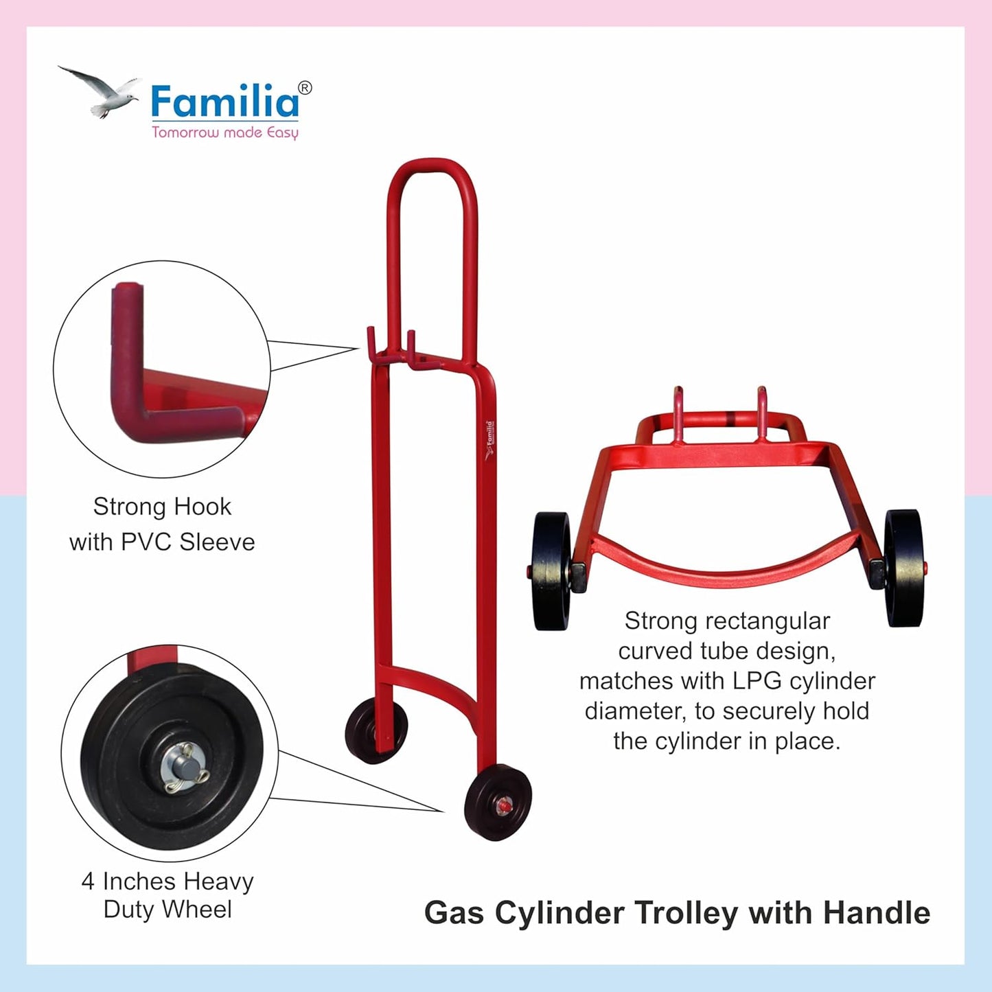 FAMILIA- Heavy Duty LPG Gas Cylinder Trolley with Wheels & Hooks - Easy Grip for Effortless Pickup Carry and Transfer - Robust and Durable Construction - RED
